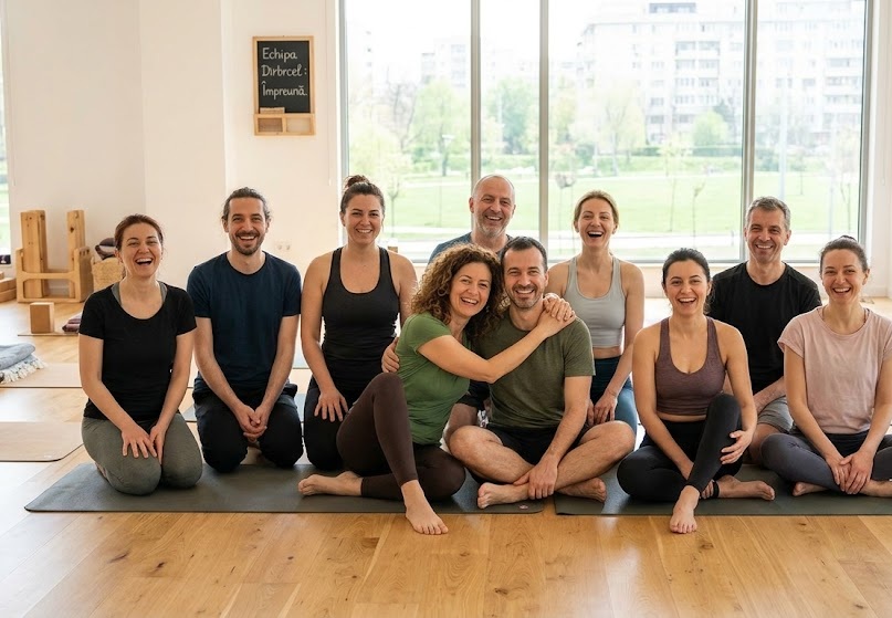 Echipa rivenpace zâmbind într-un studio de yoga luminos