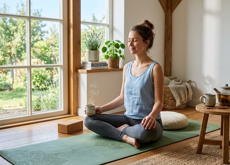 Saltea de yoga și ceai într-o cameră luminoasă dimineața