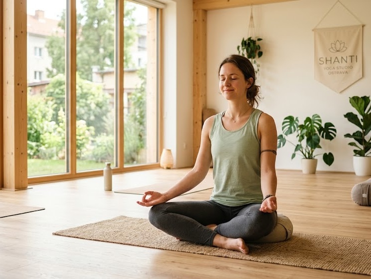 Persoană într-o poziție de yoga calmă, într-un studio luminos